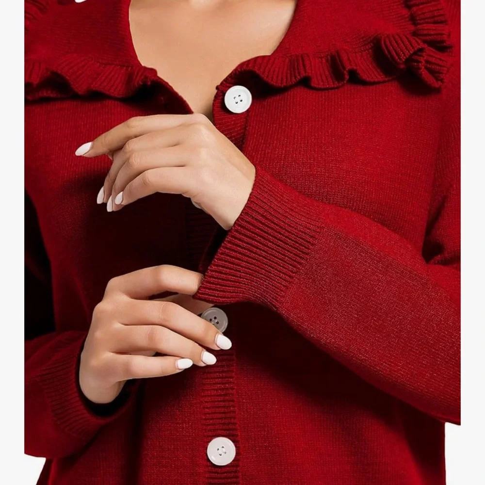 Chic Ruffled Burgundy Cardigan Sweater - Picture 2 of 3